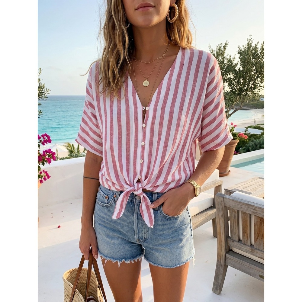 Rails Thea Tie Front Striped Linen Blend Top Carmine Red White NWT Size XS $148